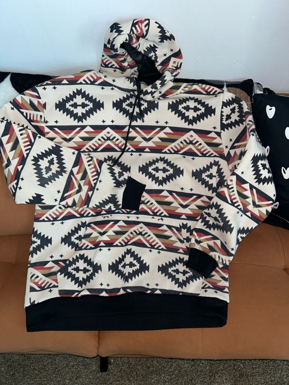 Men’s Aztec Pattern Pullover Hoodie in Cream, Black & Rust